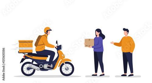 Delivery person on a scooter handing a package to a couple, representing modern courier service and online shopping.
