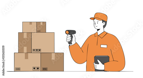 A delivery worker in an orange uniform scans packages for inventory, ensuring efficient logistics and accurate tracking.