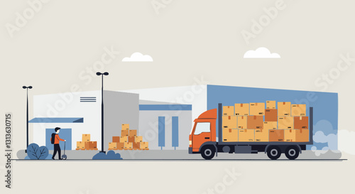 Modern warehouse scene with a small delivery truck unloading boxes, highlighting logistics and efficient supply chain management.