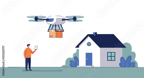 Illustration of a man receiving a package from a delivery drone outside a suburban house, indicating modern logistics.