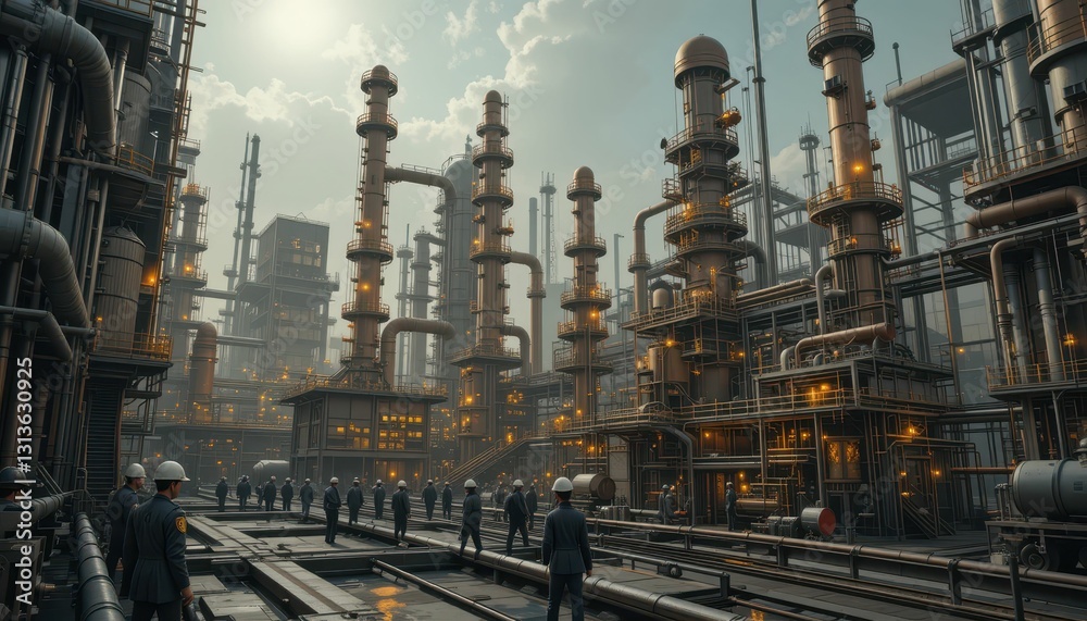Industrial Scene with Workers and Pipelines at a Modern Facility Industrial Scene with Workers and Pipelines at a Modern Facility