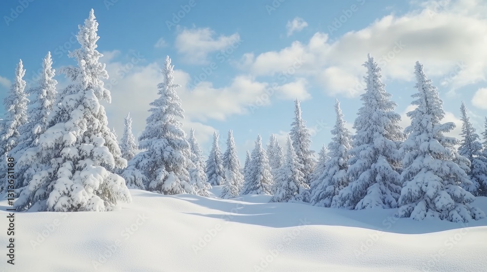 A serene and chilly winter landscape featuring snow-covered pine trees on a hillside. A serene and chilly winter landscape featuring snow-covered pine trees on a hillside.