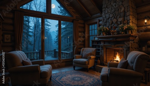 Cozy Cabin Interior with Fireplace and View of Moonlit Forest