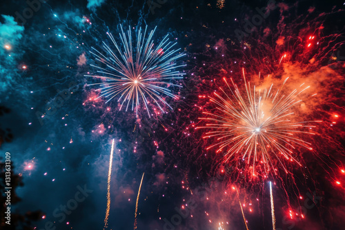 Colorful fireworks lighting up the night sky, creating a dazzling display of light and vibrant hues.