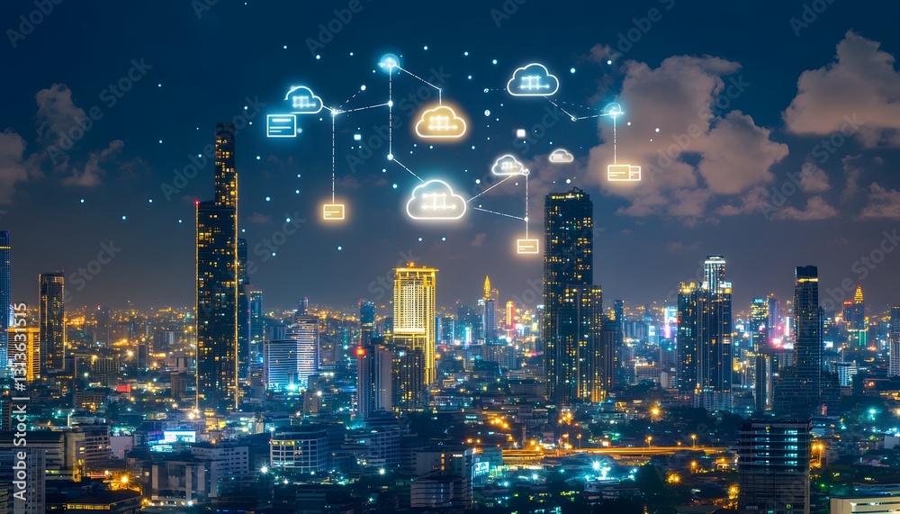 Fototapeta premium Night Cityscape Illuminated With Cloud Computing Network
