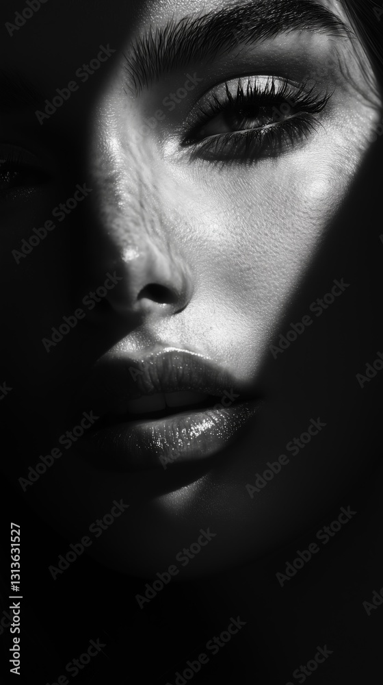 Fototapeta premium Minimalist aesthetic monochrome fashion portrait Dramatic black and white portrait with striking shadows on a woman's face.