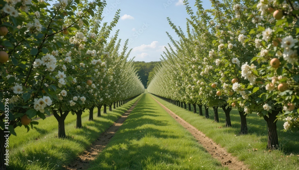 Tranquil Orchard Pathway Surrounded by Blooming Fruit Trees Tranquil Orchard Pathway Surrounded by Blooming Fruit Trees