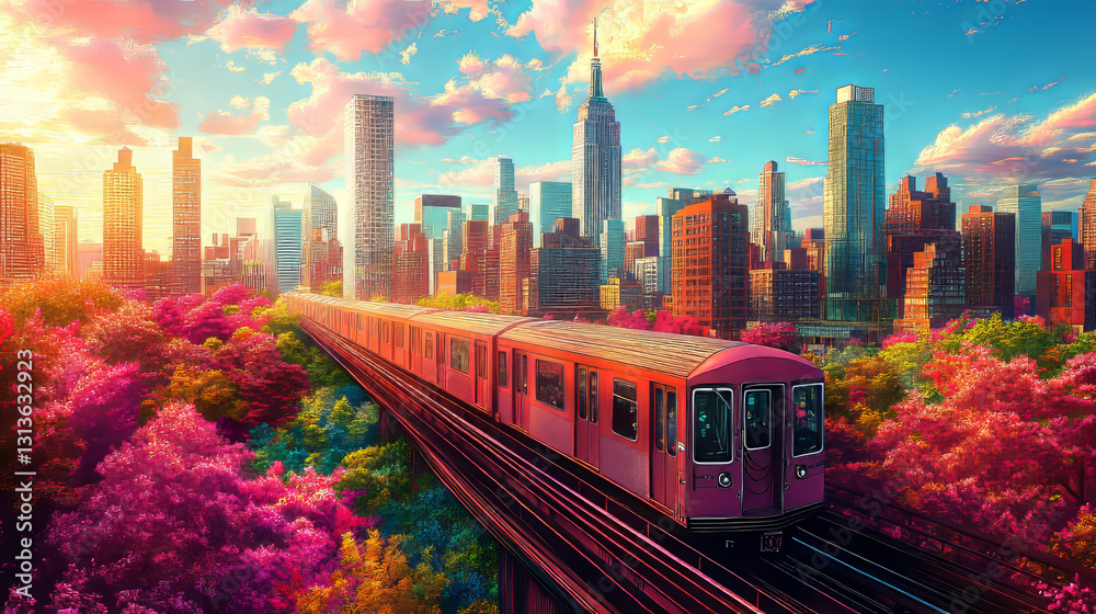 Obraz premium Pink subway train passing through vibrant city skyline