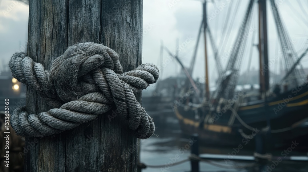Obraz premium A close-up shot of a rope knot on a weathered wooden post in a maritime museum, with old ships and nautical artifacts in the background.