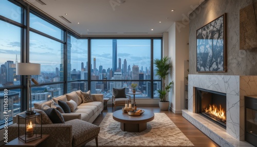 Modern Living Room with City View  Cozy Fireplace and Elegance