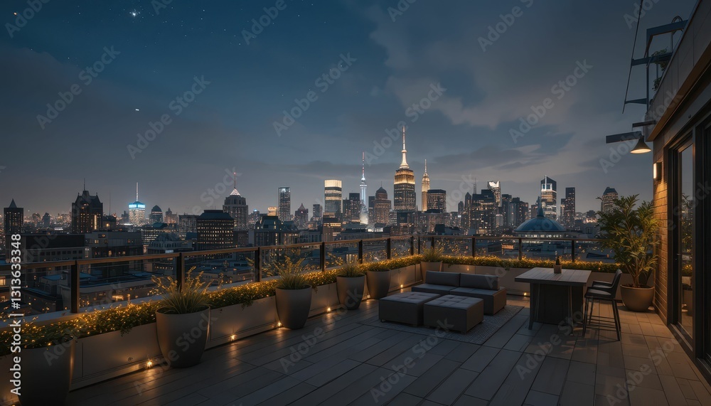 Naklejka premium Nighttime Cityscape View from Rooftop with Urban Skyline in Focus
