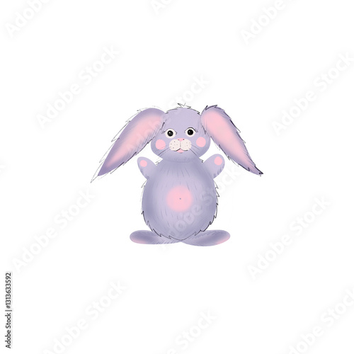 Cute cartoon rabbit with pink ears. Illustration of a bunny with colored pencils for a girl