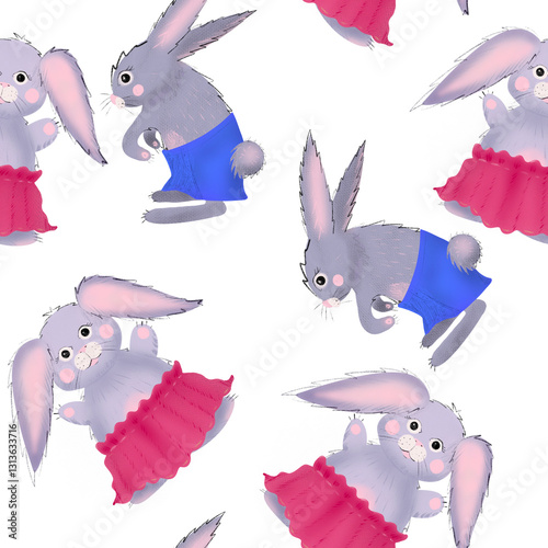 Seamless pattern of repeating boy and girl bunnies. Illustration of rabbits in a red skirt and blue shorts. For decorating children's parties and Easter mood