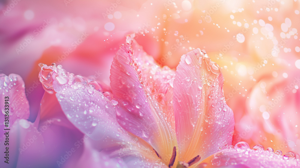 Fototapeta premium Soft-focus close-up of pastel-colored tulips with morning dew, capturing a dreamy spring atmosphere and delicate beauty, evoking feelings of freshness and renewal