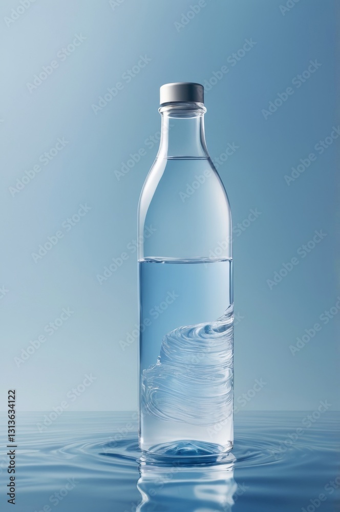 A bottle of water is placed on a white table. The bottle is empty and the water inside is clean and clear. The atmosphere is quiet. A bottle of water is placed on a white table. The bottle is empty and the water inside is clean and clear. The atmosphere is quiet.