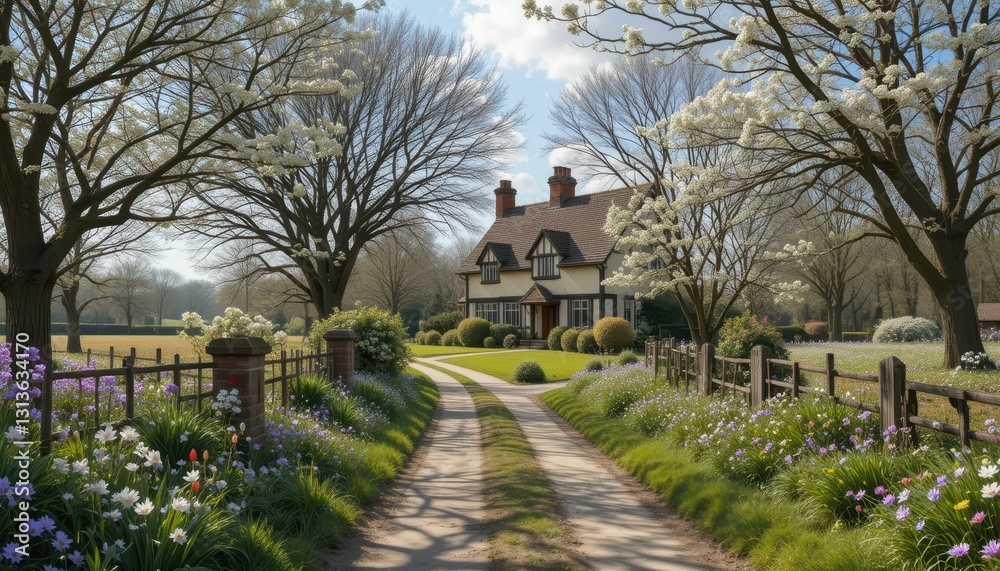 Serene Country House Surrounded by Blossoming Flowers and Trees Serene Country House Surrounded by Blossoming Flowers and Trees