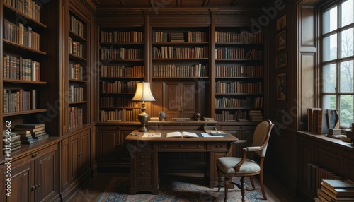 Cozy Study Room with Wood Bookshelves and Warm Lamp Light