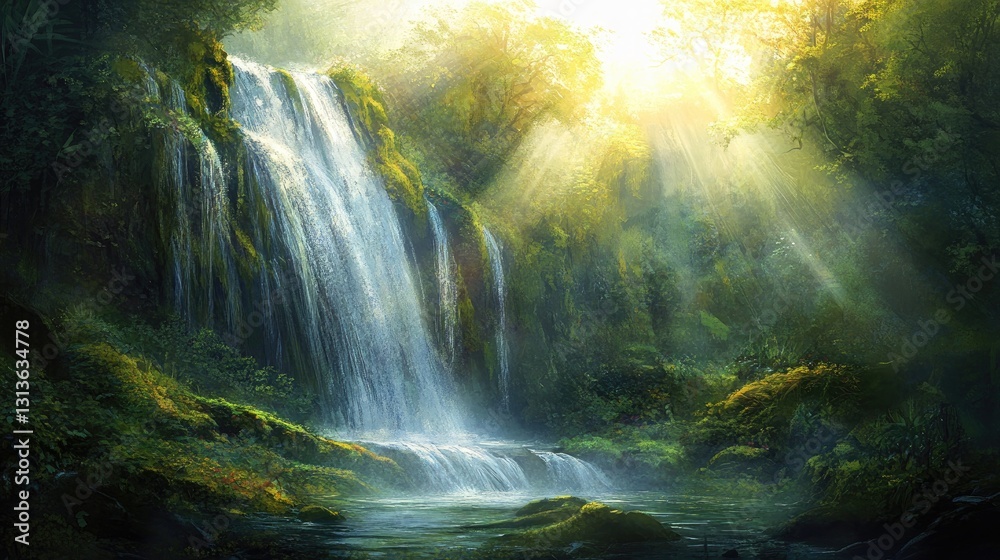 Serene Waterfall in Lush Green Forest with Sunlight Streaming Through Trees Serene Waterfall in Lush Green Forest with Sunlight Streaming Through Trees