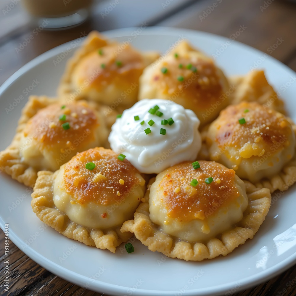 Fototapeta premium A realistic image of Polish pierogi, featuring dumplings filled with mashed potatoes and cheese, pan-fried to a golden brown. Served on a white plate with a dollop of sour cream and sprinkled with chi