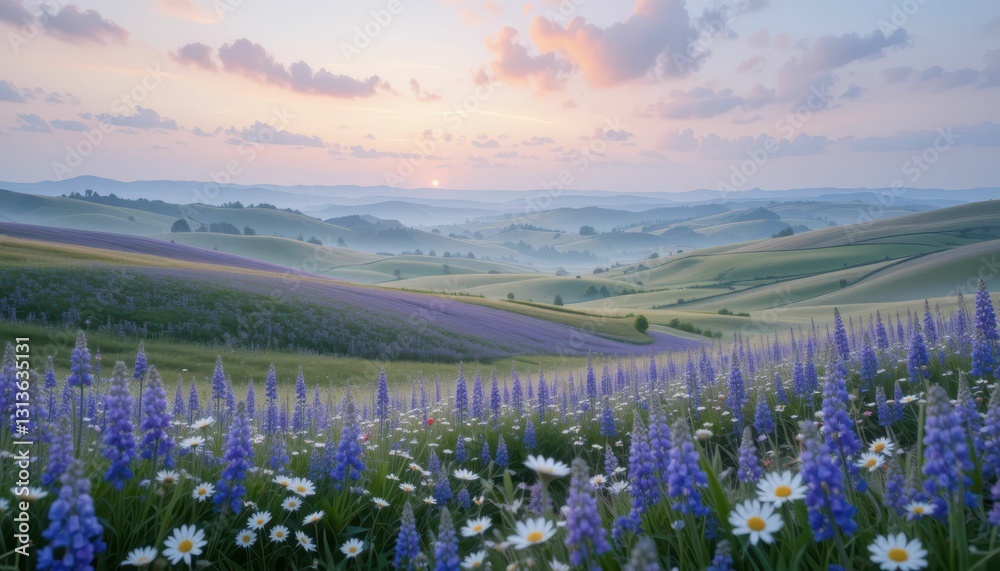 Naklejka premium Serene Landscape of Wildflowers and Rolling Hills at Sunset