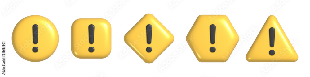 Set of 3d exclamation sign on different plastic badges. Realistic icon collection with yellow geometric shapes and black warning signal. Set of 3d exclamation sign on different plastic badges. Realistic icon collection with yellow geometric shapes and black warning signal.