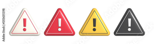 3d warning sign on realistic white, red, yellow and black triangle. Danger or attention symbol set. Glossy plastic alert, caution or emergency notification icon collection