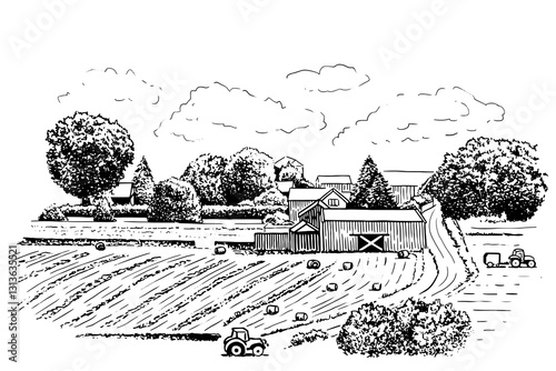 Rustic farm landscape sketch style with house and agricultural fields.