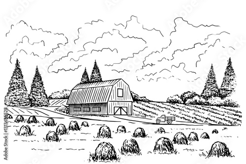 Rustic farm landscape sketch style with house and agricultural fields.