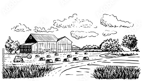 Rustic farm landscape sketch style with house and agricultural fields.