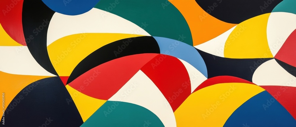 Vibrant Abstract Art Composition Featuring Curved Shapes in Bold Primary Colors Including Red, Yellow, Green, and Blue Against a Dark Background