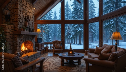 Cozy Winter Cabin Interior with Snowy Forest View and Fireplace