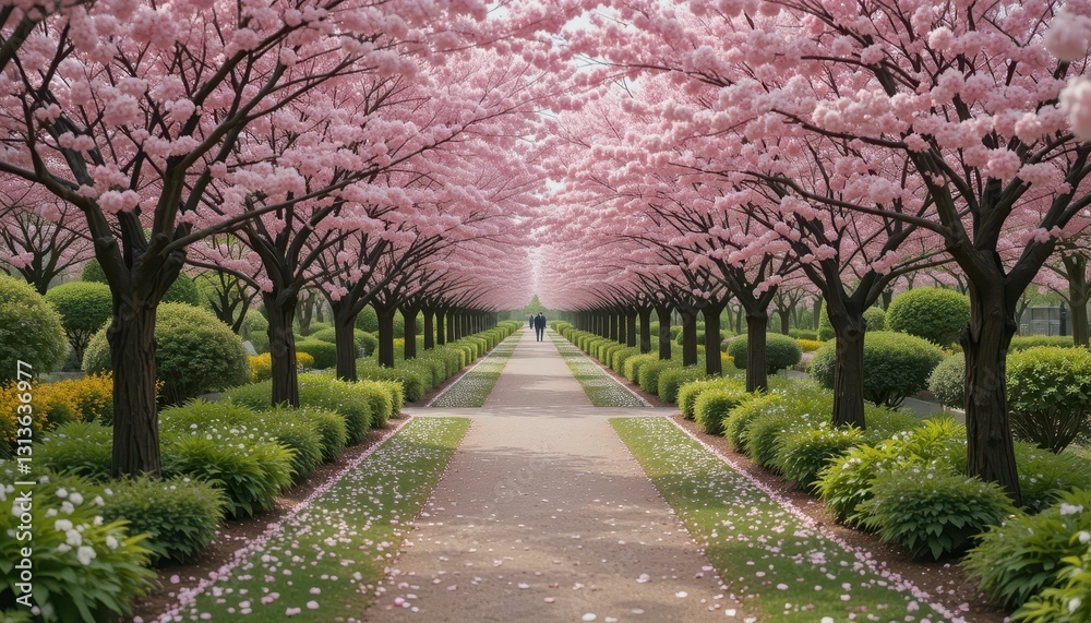 Serene Pathway through Lush Cherry Blossom Trees in Springtime Serene Pathway through Lush Cherry Blossom Trees in Springtime