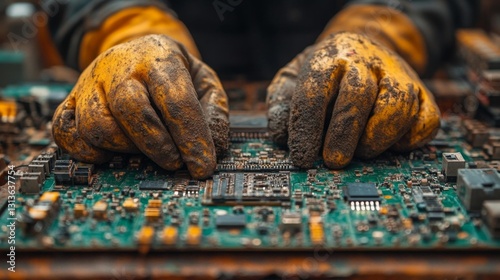 Hands repairing a circuit board with dirt-covered gloves in a workshop recycling electronics for a sustainable future. Generative AI photo