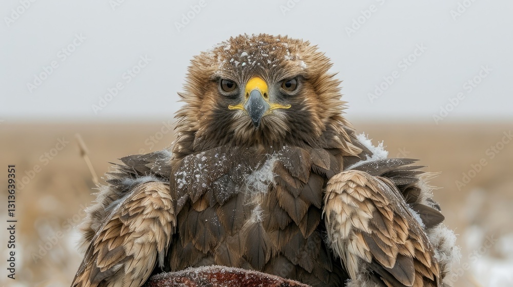 Obraz premium A close-up of a majestic eagle with snowflakes on its feathers, showcasing its fierce expression.
