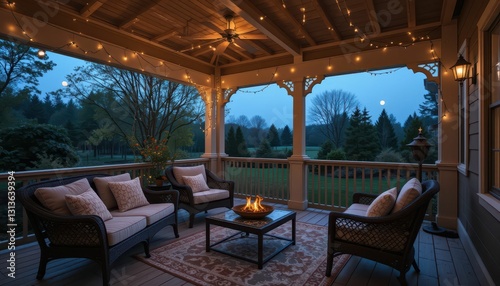 Cozy Evening on a Rustic Porch with String Lights and Fire Pit