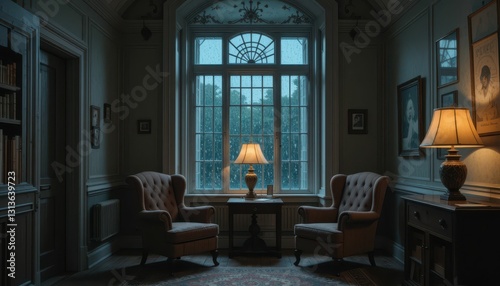 Cozy Living Room with Vintage Chairs and Warm Lamp by Rainy Window
