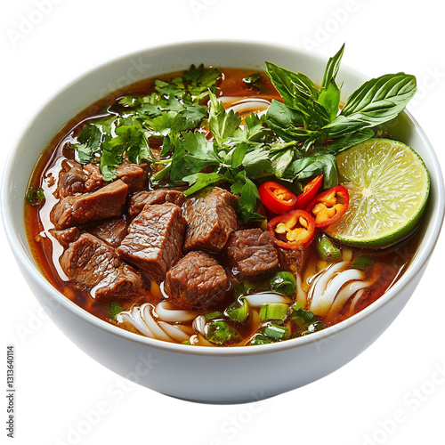 A Bowl of Vietnamese Pho Aromatic Noodle Soup with Beef and Vegetables Isolated on Transparent Background