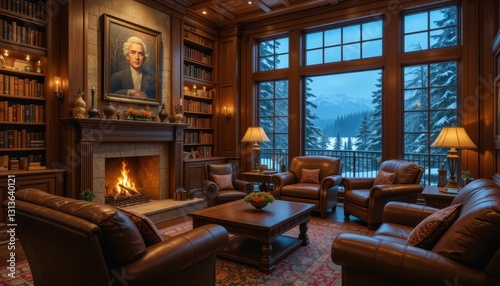 Cozy Winter Library with Classic Portrait and Warm Fireplace Ambiance
