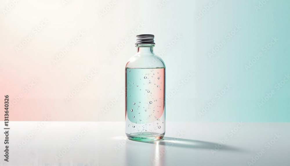 Minimalist Transparent Glass Bottle with Water Droplets on White Surface, Soft Pastel Background, Clean and Modern Aesthetic Minimalist Transparent Glass Bottle with Water Droplets on White Surface, Soft Pastel Background, Clean and Modern Aesthetic
