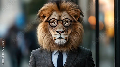 A fashionably dressed lion in a suit and glasses, combining business and animal charisma for a striking image of sophistication. photo