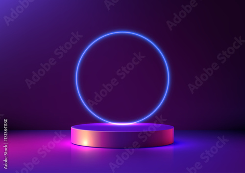 glowing blue neon circle on 3d podium, modern technology concept, product display mockup, futuristic showroom showcase