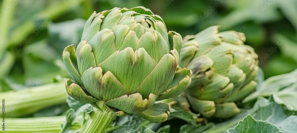 Two Green Artichokes Growing on Sunny Farm,. Fresh Garden Vegetables, Agriculture Concept Two Green Artichokes Growing on Sunny Farm,. Fresh Garden Vegetables, Agriculture Concept