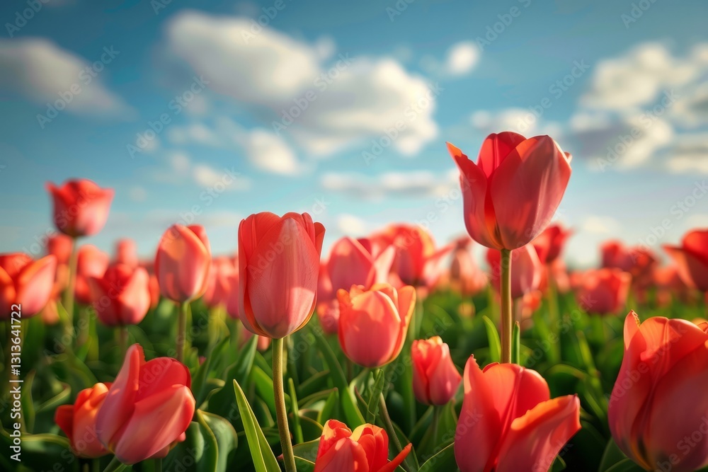 Beautiful tulips in a field, landscape with romantic sky. AI generative Beautiful tulips in a field, landscape with romantic sky. AI generative