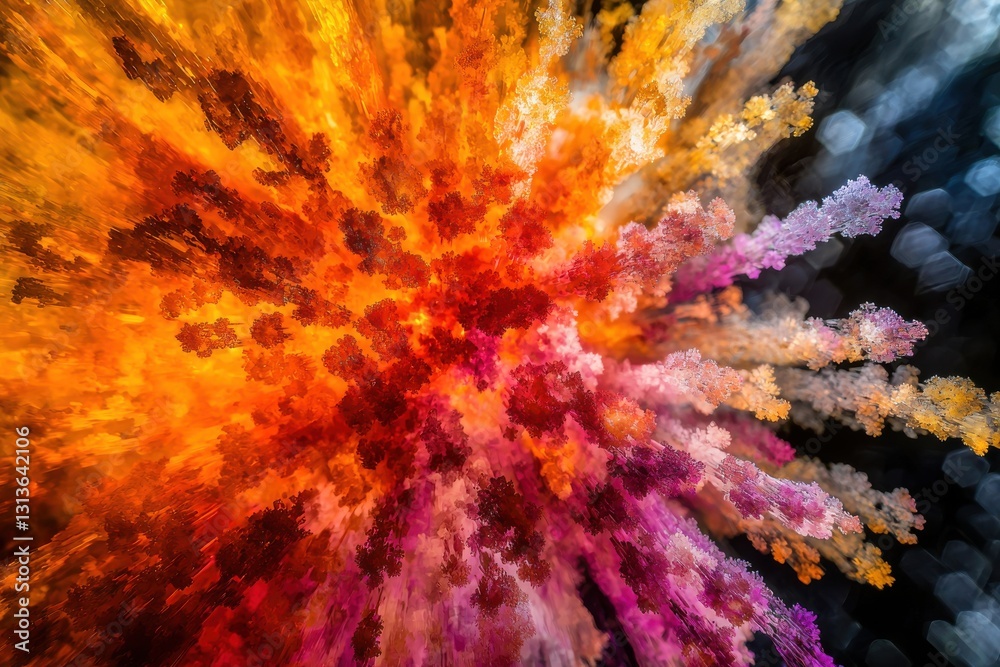 A mesmerizing abstract explosion of vibrant colors, with orange, red, and pink fractal patterns shooting outwards against a dark, bokeh-filled background, creating a surreal and artistic display. A mesmerizing abstract explosion of vibrant colors, with orange, red, and pink fractal patterns shooting outwards against a dark, bokeh-filled background, creating a surreal and artistic display.
