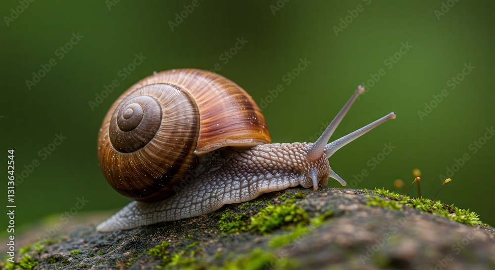 Snail Crawling on Mossy Rock with Green Background Macro Close-up Snail Crawling on Mossy Rock with Green Background Macro Close-up