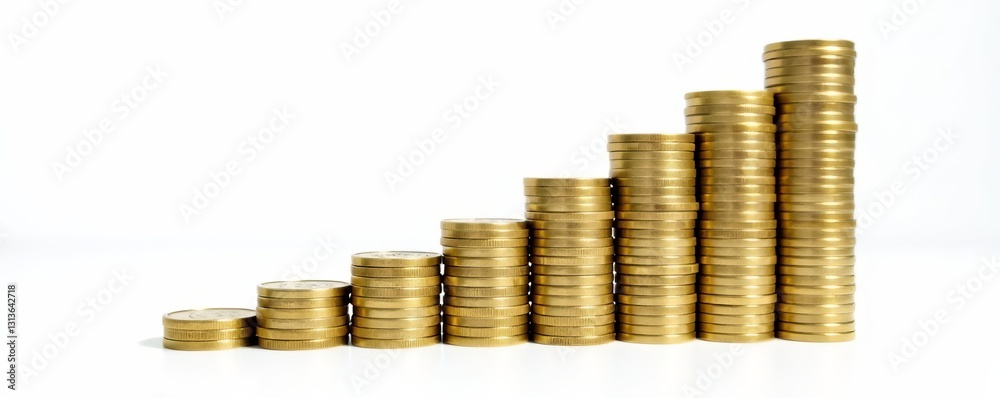 Row of ascending stacked coins against white background, banking, financial, cash Row of ascending stacked coins against white background, banking, financial, cash