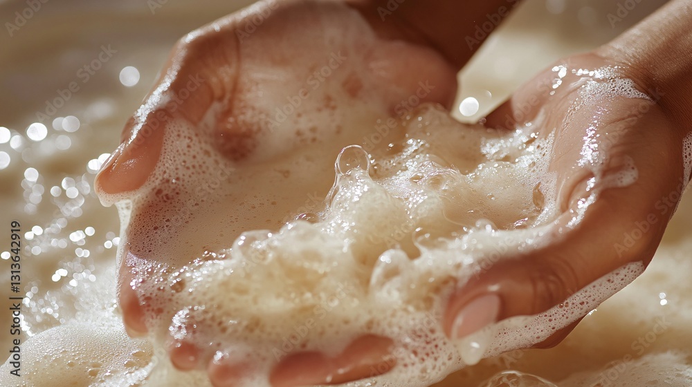 Fototapeta premium Hands cradling foamy soapy water creating bubbles and texture nicely