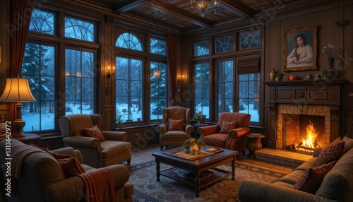 Cozy Winter Living Room with Warm Fire and Scenic Outdoor View