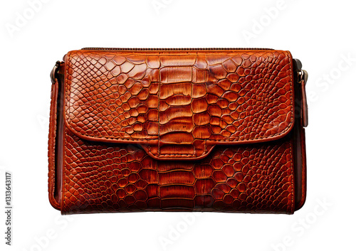 A brown leather purse with a reptile skin pattern isolated on transparent or white background photo