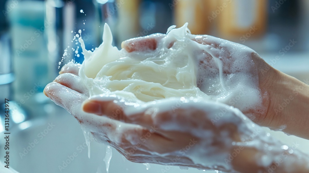 Fototapeta premium Hands washing with soapy foam and water near a sink